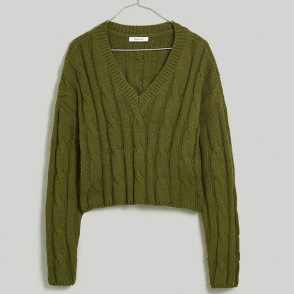 Madewell Cable-Knit V-Neck Crop Sweater XL